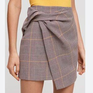 Aritzia Babaton Jethro Faux Twist Wrap Mini Skirt Brown &‎ Gold Plaid Size 6
